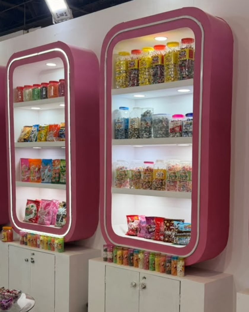 Krishna Confectionery's stand at AAHAR, with lit pink shelving carrying jars of candy, toffee and lollipops